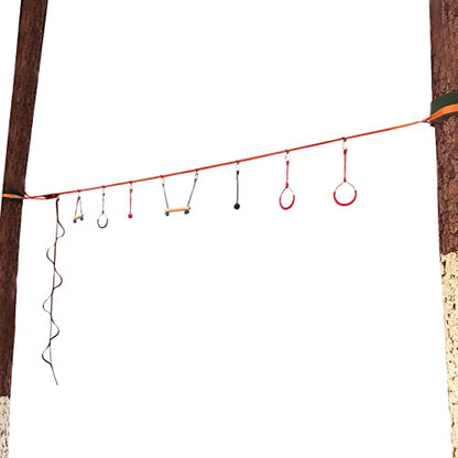 50FT Jungle Gym Ninja Warrior Training Equipment Hanging Monkey Bar, Adjust Kids Adults Obstacles Course Backyard Playground Trapeze Playset- Climb Rope Ladder, Wood Swing Bar, Ninja Ring, Monkey Fist