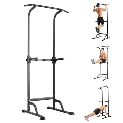 Power Tower Home Gym Strength Training Station Adjustable 10 Height Levels, Heavy-Duty Chin-Up Tower with Parallel Dip Handles, Bodyweight Workout Equipment for Pull-Ups, Dips, Knee Raises, Push-Ups, 330 Lb Capacity