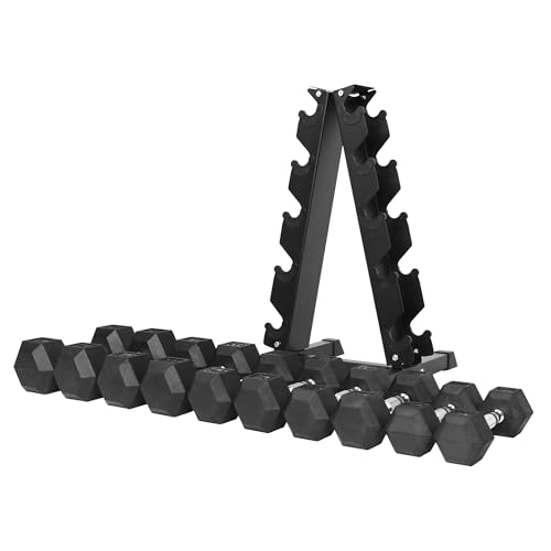 BalanceFrom Rubber Coated Hex Dumbbell Set with A-Frame Rack, Black – Solid Cast Iron Home Gym Weights with Chrome Handles for Full-Body Strength Training and Muscle Toning