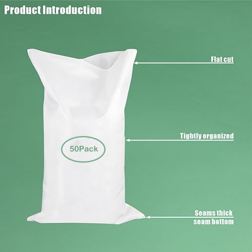 50 Pack Empty Sandbags with Ties,14x26 inches Woven Polypropylene Sand Bags(White)