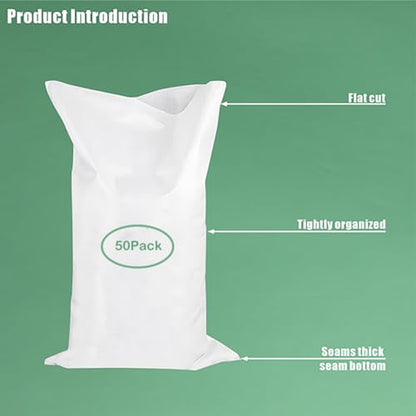50 Pack Empty Sandbags with Ties,14x26 inches Woven Polypropylene Sand Bags(White)