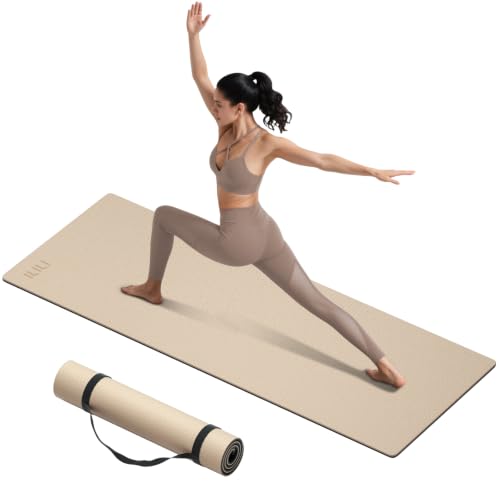 ILILI 10mm Extra Thick, TPE Yoga Mat, 76×28 Inch Extra Long, Carrying Strap - color: Beige+Black