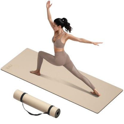 ILILI 10mm Extra Thick, TPE Yoga Mat, 76×28 Inch Extra Long, Carrying Strap - color: Beige+Black