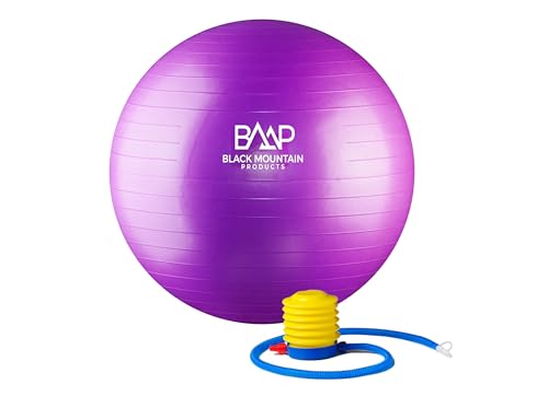 Black Mountain Products Professional Grade Exercise Stability Yoga Ball, Foot Pump, Ball Plug, Plug Puller, 2000 Pounds Static Weight Capacity Antiburst