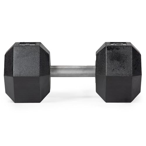 Titan Fitness 60 LB Pair Free Weights, Black Rubber Coated Hex Dumbbell, Straight Stainless Steel Handle, Strength Training, Full Body Workout