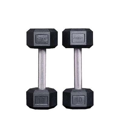 Rep Fitness Rubber Hex Dumbbell(s) - Singles (55LB +) and Pairs (5LB - 50LB) - Low Odor, Fully Knurled Handle - style: 10 LB Pair