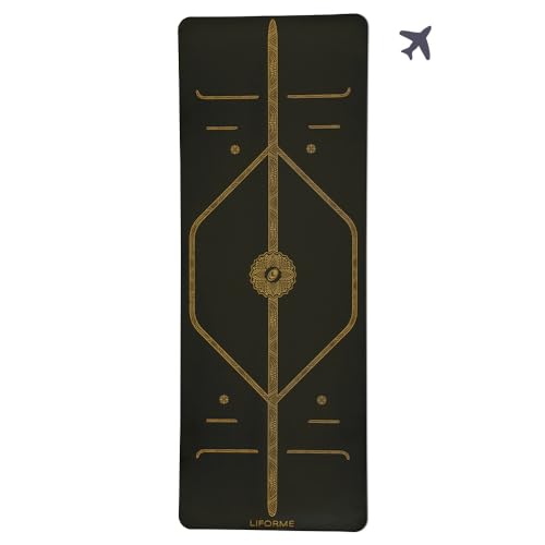 Liforme Travel Yoga mat – Patented Alignment System, Warrior-Like Grip, Non-Slip, Eco-Friendly, Ultra-Lightweight and Sweat Resistant, Made with Natural Rubber - color: Black & Gold