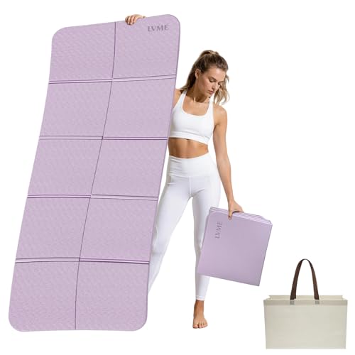 LVME Foldable Yoga Mat for Travel – 75"x31.5" Large POE Exercise Mat with Storage Pouch, Fits Suitcase & Backpack,6mm Non-Slip Surface for Yoga, Pilates, Gym & Outdoor Workouts