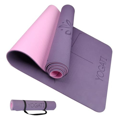 YOGATI® Yoga Mat with Strap with Alignment Lines. Home Workout Mat for Women, Men and Kids. Thick Non Slip Yoga Mat for Pilates and Fitness. Brown, Pink and Purple Yoga Mats