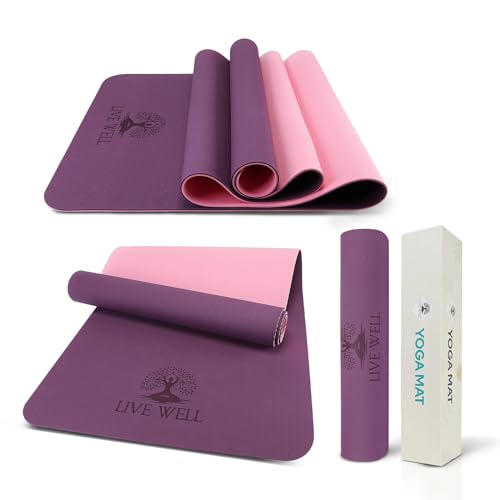 Live Well TPE Yoga Mat Women – Non-Slip Exercise Mat with Strap, Extra Thick 6mm Pink Yoga Mat for Home Workout and Outdoor Use