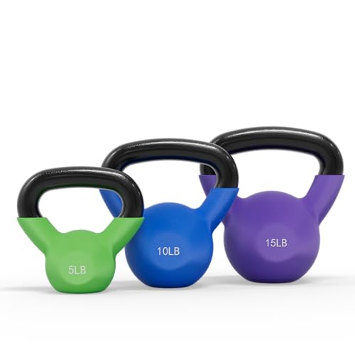 Mikolo Neoprene Coated Cast Iron Kettlebells 5-30LB Set, Solid Weight Set with Wide Grip Handle and Flat Bottom, Ideal for Full Body Strength Training at Home Gym - size: 5-10-15LB