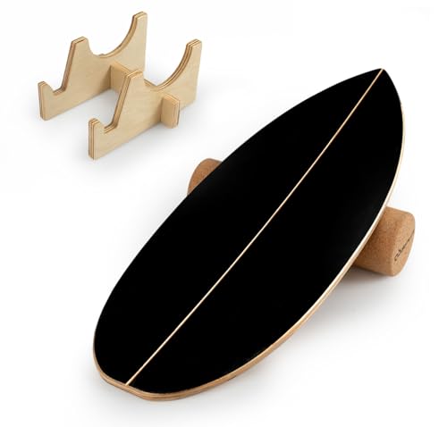 Goplus Balance Board Trainer for Adults, Wooden Balancing Board with Cork Roller and Storage Rack to Exercise and Build Core Strength, Wobble Board for Skateboard, Snowboard