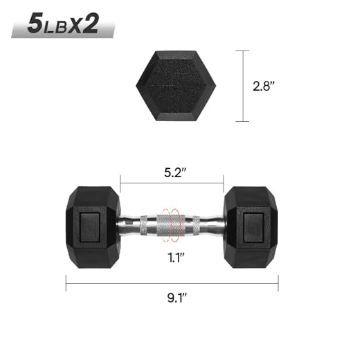 Ritfit 5-650 LBS PVC Encased Hex Dumbbell Sets with Optional Rack for Home Gym, Hand weight with Chrome Handle for Strength Training,Workouts - style: 2X5LBS