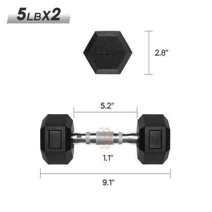 Ritfit 5-650 LBS PVC Encased Hex Dumbbell Sets with Optional Rack for Home Gym, Hand weight with Chrome Handle for Strength Training,Workouts - style: 2X5LBS