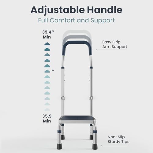 Pelegon Adjustable Step Stool with Handle for Elderly (300LB Capacity) – Bedside Safety Step for High Beds, Height Adjustable Platform & Handle, Non-Slip Stable Frame, Easy Assembly