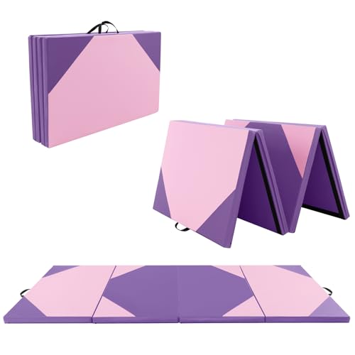GYMAX Gymnastics Mat, 4 FT x 10 FT x 2 Inches Folding Exercise Mat w/Carrying Handles, Hook & Loop Fasteners, Tumbling Mat Waterproof for Yoga, Stretching, Home Gym