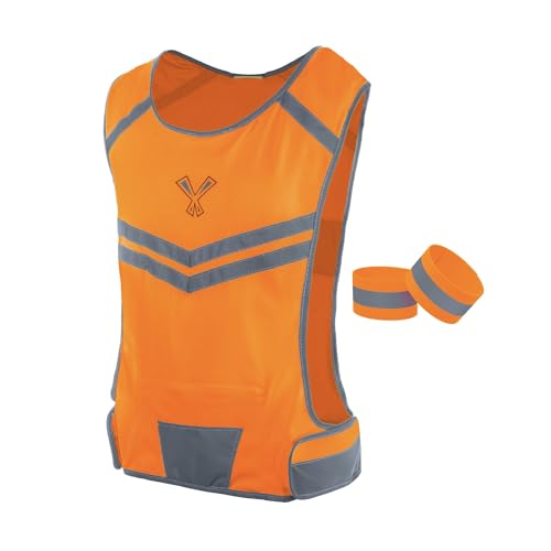 Reflective Running Vest with Pocket & 2 Bands with High visibility for Night Running, Walking & Cycling - color: Orange, size: Large