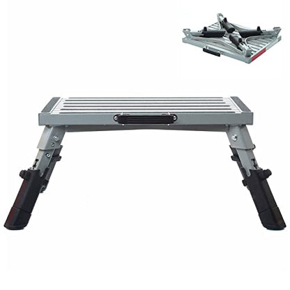 Homeon Wheels RV Step Stool, Adjustable Height Aluminum Folding Platform with Non-Slip Rubber Feet, Reflective Stripe, Handle, RV T Level, for Trailer, Truck, Outdoor - color: Slivergray