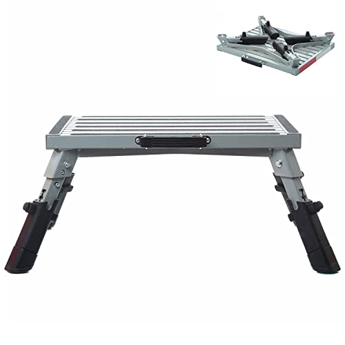 Homeon Wheels RV Step Stool, Adjustable Height Aluminum Folding Platform with Non-Slip Rubber Feet, Reflective Stripe, Handle, RV T Level, for Trailer, Truck, Outdoor - color: Slivergray