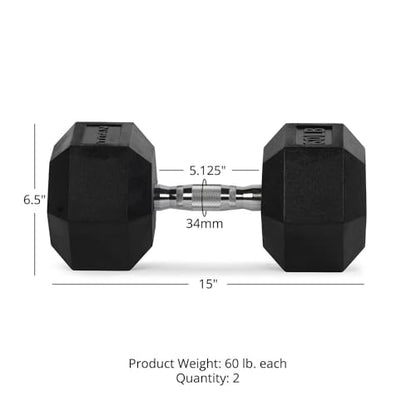 Titan Fitness Pair Rubber Coated Hex Dumbbells, Roll-Resistant Hexagonal Free Weights, Chrome-Coated Handles with Knurling, Strength Training Equipment - style: 60 lb, Pair