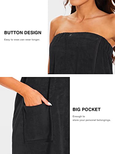 Knuffnee Women Bath Towel Robe Spa Body Wrap Shower Bathrobe Adjustable Snap Closure - color: Black, size: X-Large