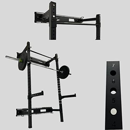 HulkFit Pro Series Wall Mounted Folding Squat Rack and Power Rack with Pull Up Bar & J Hooks for Home Gym, Strength Training Exercise Equipment - style: Wall Mounted Power Cage - Black