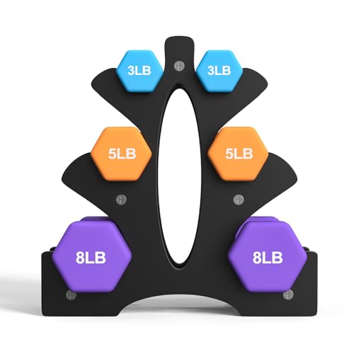 Portzon Weights Dumbbells Set 3, 5, 8, and 10 Pound Neoprene Dumbbell Free Hand Weight Set with Rack, Ideal for Home Exercises, 32 LB, Anti-Slip, Anti-roll, Hex Shape