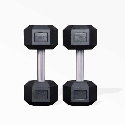 Rep Fitness Rubber Hex Dumbbell(s) - Singles (55LB +) and Pairs (5LB - 50LB) - Low Odor, Fully Knurled Handle - style: 30 LB Pair