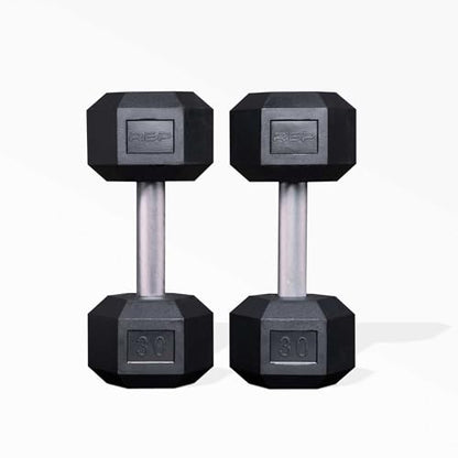 Rep Fitness Rubber Hex Dumbbell(s) - Singles (55LB +) and Pairs (5LB - 50LB) - Low Odor, Fully Knurled Handle - style: 30 LB Pair