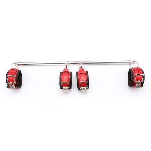 Silvery Spreader Bar Kit Heavy Duty Stainless Steel Expandable Bar, 4 Red Adjustable Straps for Pilates, Yoga, Suspension Training