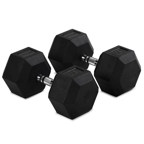 Titan Fitness Pair Rubber Coated Hex Dumbbells, Roll-Resistant Hexagonal Free Weights, Chrome-Coated Handles with Knurling, Strength Training Equipment - style: 85 lb, Pair