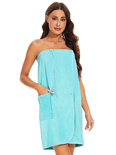 Knuffnee Women Bath Towel Robe Spa Body Wrap Shower Bathrobe Adjustable Snap Closure - color: Blue, size: Large