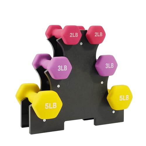 Fitvids Colored Neoprene Dumbbell Set with Rack, Multiple Weight Options, 20LBS, 32LBS, 50LBS and 56LBS Sets - style: 20LBS Set (2/3/5LB Pairs)
