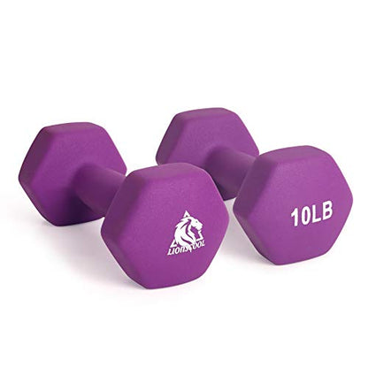LIONSCOOL Set of 2 Neoprene Coated Dumbbell Hand Weights, Anti-Slip and Anti-Roll Hex Dumbbells in Pair for Strength Training, Resistance Training - style: Purple 10lb Pair