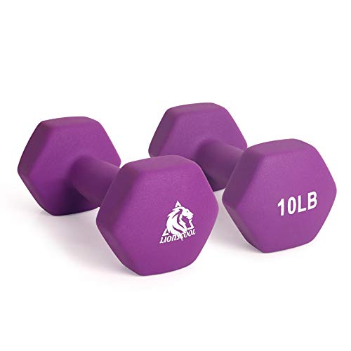 LIONSCOOL Set of 2 Neoprene Coated Dumbbell Hand Weights, Anti-Slip and Anti-Roll Hex Dumbbells in Pair for Strength Training, Resistance Training - style: Purple 10lb Pair