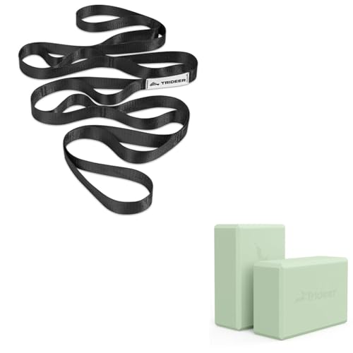 Trideer Yoga Block & Strap Bundle, Foam Yoga Block with 10-Loop Stretching Strap for Flexibility, Balance, Support & Recovery
