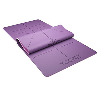 YOGATI® Yoga Mat with Strap with Alignment Lines. Home Workout Mat for Women, Men and Kids. Thick Non Slip Yoga Mat for Pilates and Fitness. Brown, Pink and Purple Yoga Mats