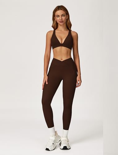 ABOCIW Womens Two Piece Workout Sets Deep V Neck Sports Bra Crossover Leggings with Pockets Gym Yoga Pilates Outfits