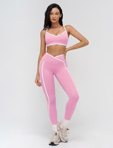 Contrast Workout Sets for Women 2 Piece Yoga Gym Sets Color Block Sports Bra Crossover High Waist Leggings Pilates Outfits