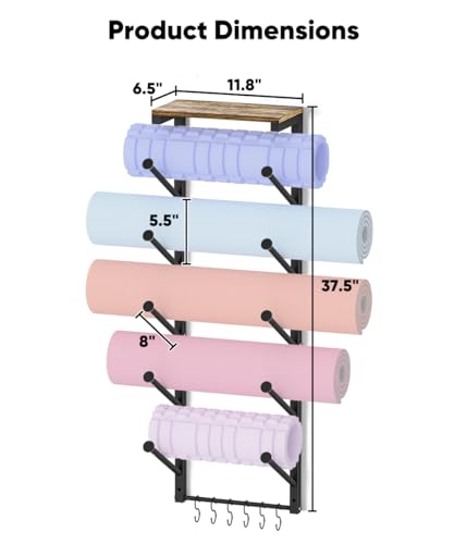 5 Tiers Yoga Mat Holder Rack Wall Mount with 6 Hooks for Hanging Accessory Yoga Strap Foam Rollers Resistance Bands, Yoga Mats Organizer with Floating Shelf for Home Gym Storage Fitness
