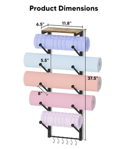 5 Tiers Yoga Mat Holder Rack Wall Mount with 6 Hooks for Hanging Accessory Yoga Strap Foam Rollers Resistance Bands, Yoga Mats Organizer with Floating Shelf for Home Gym Storage Fitness