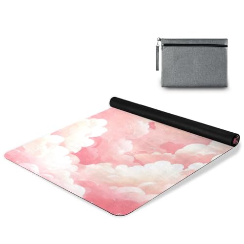Kigai Travel Yoga Mat 71" x 24" Non Slip Natural Rubber Foldable Exercise Mat Ultra Thin 1.5mm Lightweight for Fitness, Pilates & Home Workout, Pink Clouds