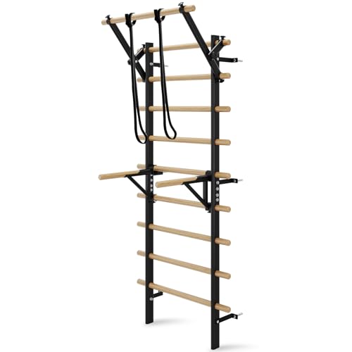 Swedish Ladder Wall Gym, Stall Bar Home Gym with Adjustable Pull-Up Bar, Dip Bar Attachments & 2pcs Resistance Band, 9 Strategic Rods for Core Strengthening and Stretching Balanced for Body Exercise
