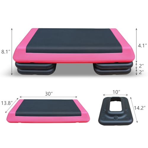 Adjustable Aerobic Step Platform Trainer, Pink and Black, 30x13.8 Inch, with 4 Risers, Non-Skid Rubber Feet - color: Pink and Black