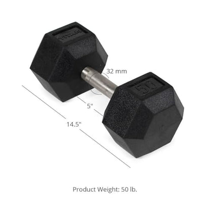 Titan Fitness 50 LB Pair Free Weights, Black Rubber Coated Hex Dumbbell, Straight Stainless Steel Handle, Strength Training, Full Body Workout