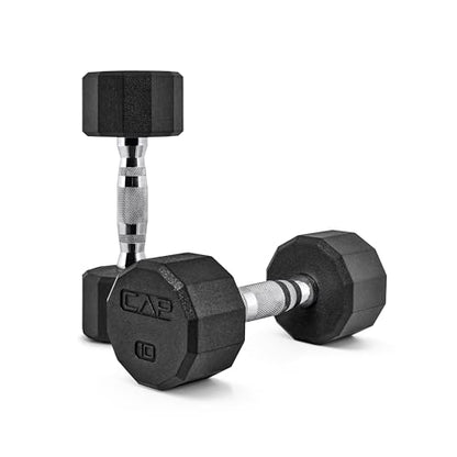 CAP Rubber Coated Dumbbell Weights, Free Weights for Home Gym Strength Training, Anti-Roll Hex Dumbbells with Black, Chrome & Comfort Grip Handles, Pairs & Sets - size: 10 lb - Pair, style: 12-Sided - Chrome Handle