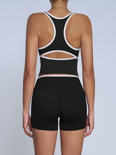 ABOCIW Workout Sets for Women 2 Piece Color Block V Neck Racerback Tank Top Built in Bra High Waist Shorts