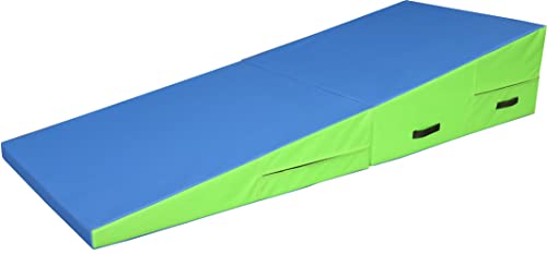 PRISP Folding Incline Gym Mat - Extra Long 71 x 28 x 14 in Wedge Gymnastics Tumbling Mat for Kids - color: Green; Blue
