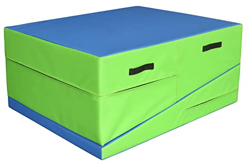 PRISP Folding Incline Gym Mat - Extra Long 71 x 28 x 14 in Wedge Gymnastics Tumbling Mat for Kids - color: Green; Blue
