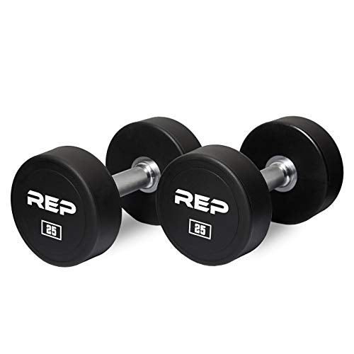 REP Fitness Urethane Coated Round Dumbbells, 5 to 100 lbs, Singles or Pairs, With or Without Rack, Steel Core, Rubber Encased, Chrome Handles, Professional Weights for Home Gym Strength Training - style: 25 lb Pair